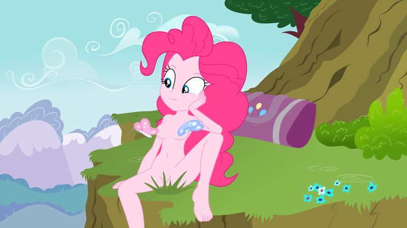 Size: 1600x900 | Tagged: suggestive, artist:crystal-ice9201, artist:estories, artist:marcorois, artist:techrainbow, derpibooru import, edit, edited edit, editor:slayerbvc, pinkie pie, butterfly, equestria girls, breasts, casual nudity, censored, cliff, complete nudity, cute, duffle bag, female, flower, grass, hand on cheek, image, looking down, nude edit, nudity, png, sitting, solo, solo female, spread legs, spreading, strategically covered