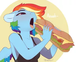 Size: 1000x823 | Tagged: suggestive, artist:evehly, derpibooru import, rainbow dash, anthro, pegasus, blushing, breasts, cleavage, clothes, colored wings, eating, female, mare, multicolored wings, nose piercing, open mouth, piercing, rainbow wings, sexy, solo, solo female, spread wings, stupid sexy rainbow dash, sub sandwich, suggestive eating, tanktop, this will end in weight gain, tongue out, tongue piercing, wings