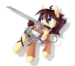 Size: 900x795 | Tagged: safe, artist:pekou, derpibooru import, ponified, pony, 3d maneuver gear, attack on titan, clothes, simple background, solo, sword, transparent background, weapon