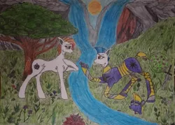 Size: 2190x1571 | Tagged: safe, artist:keshakadens, derpibooru import, earth pony, pony, female, flower, male, mare, river, stallion, sun, sword, traditional art, tree, weapon