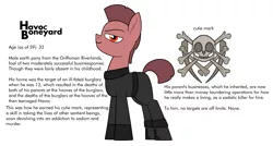 Size: 2275x1216 | Tagged: semi-grimdark, artist:moonatik, derpibooru import, oc, oc:havoc boneyard, unofficial characters only, earth pony, pony, clothes, male, reference sheet, stallion