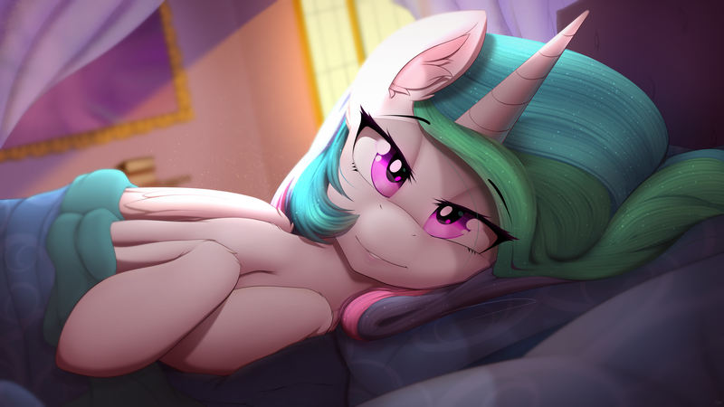 Size: 2560x1440 | Tagged: safe, artist:thebatfang, derpibooru import, princess celestia, alicorn, pony, bed, bedroom, bedroom eyes, blanket, cute, cutelestia, ear fluff, female, looking at you, mare, morning, morning ponies, offscreen character, pov, smiling, solo, wallpaper