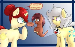 Size: 2514x1575 | Tagged: safe, artist:big brawler, derpibooru import, oc, oc:copper plate, oc:golden brooch, oc:spokey, unofficial characters only, earth pony, ghost, ghost pony, pony, undead, unicorn, collar, dialogue, female, freckles, husband and wife, jewelry, male, necklace