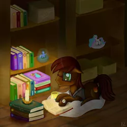 Size: 3000x3000 | Tagged: artist:polkin, book, candle, clothes, derpibooru import, figurine, library, oc, oc:kronos, reading, safe, solo, unofficial characters only, watch