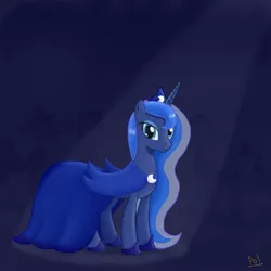 Size: 1500x1500 | Tagged: safe, artist:polkin, derpibooru import, princess luna, alicorn, pony, clothes, dress, female, gala dress, looking at you, mare, smiling, solo, spotlight