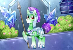 Size: 3200x2200 | Tagged: safe, artist:kaikururu, derpibooru import, oc, oc:crescent star, unofficial characters only, crystal pony, unicorn, armor, boots, building, bush, clothes, crystal, crystal empire, crystal guard armor, crystal unicorn, door, flower, glasses, male, shoes, solo, sparkles, spear, stallion, weapon, window