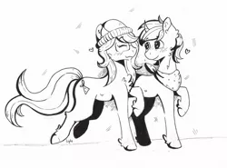 Size: 3508x2597 | Tagged: safe, artist:lightisanasshole, derpibooru import, oc, oc:cocodrillo, oc:dex, earth pony, unicorn, artin' for good, blushing, cheek fluff, chest fluff, clothes, codex, crosshatch, cutie mark, ear fluff, earth pony oc, eyes closed, ground, happy, hat, heart, hoof fluff, horn, lineart, looking at each other, messy mane, monochrome, raised hoof, running, scarf, smiling, traditional art, unicorn oc