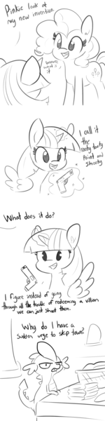 Size: 1080x4320 | Tagged: safe, artist:tjpones, derpibooru import, edit, pinkie pie, spike, twilight sparkle, twilight sparkle (alicorn), alicorn, earth pony, pony, female, grayscale, gun, magic, male, monochrome, rooty tooty point and shooty, this will end in death, tyrant sparkle, weapon