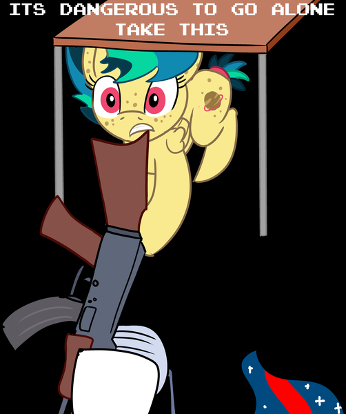 Size: 4184x5000 | Tagged: safe, alternate version, artist:anonymous, derpibooru import, edit, oc, oc:apogee, oc:nasapone, earth pony, pegasus, ak-47, assault rifle, black background, desk, duo, ethereal mane, female, filly, gun, mare, meme, /mlp/, offering, rifle, simple background, starry mane, surgical mask, table, take this, text, the legend of zelda, weapon