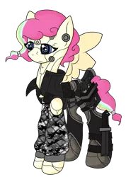 Size: 1044x1469 | Tagged: safe, artist:j053ph-d4n13l, derpibooru import, oc, oc:candy bytes, oc:cheery candy, unofficial characters only, cyborg, pegasus, pony, alternate hairstyle, alternate universe, camouflage, clothes, commission, cyberpunk, female, gun, handgun, holster, jacket, knife, leather jacket, mare, multicolored hair, pants, pistol, rainbow hair, simple background, solo, transparent background, weapon