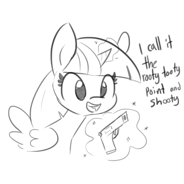 Size: 1080x1080 | Tagged: safe, artist:tjpones, derpibooru import, part of a set, twilight sparkle, twilight sparkle (alicorn), alicorn, pony, dialogue, female, grayscale, gun, magic, mare, monochrome, rooty tooty point and shooty, simple background, solo, telekinesis, weapon, white background