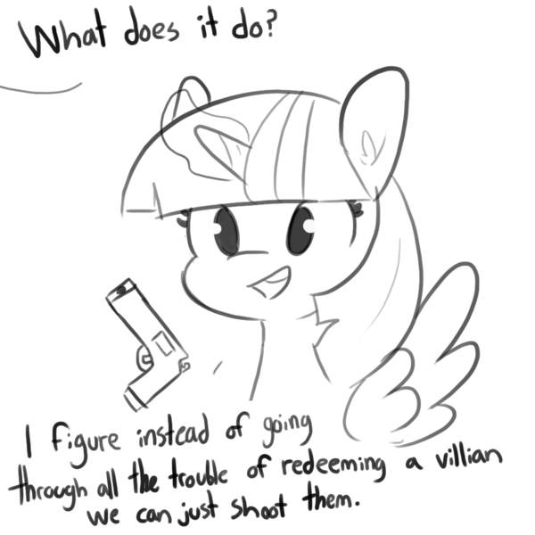 Size: 1080x1080 | Tagged: safe, artist:tjpones, derpibooru import, part of a set, pinkie pie, twilight sparkle, twilight sparkle (alicorn), alicorn, pony, dialogue, female, grayscale, gun, magic, mare, monochrome, offscreen character, open mouth, rooty tooty point and shooty, simple background, telekinesis, weapon, white background