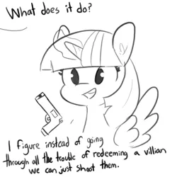 Size: 1080x1080 | Tagged: safe, artist:tjpones, derpibooru import, part of a set, pinkie pie, twilight sparkle, twilight sparkle (alicorn), alicorn, pony, dialogue, female, grayscale, gun, magic, mare, monochrome, offscreen character, open mouth, rooty tooty point and shooty, simple background, telekinesis, weapon, white background