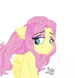 Size: 1280x1326 | Tagged: safe, artist:flutterbug18, derpibooru import, fluttershy, pegasus, pony, bust, eye clipping through hair, female, floppy ears, folded wings, looking away, looking down, looking sideways, mare, melancholy, simple background, solo, white background, wings