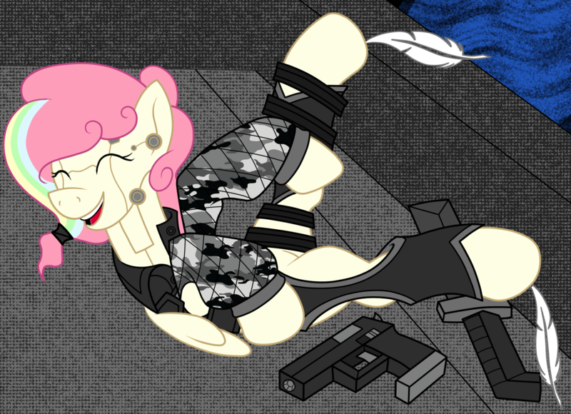 Size: 1483x1076 | Tagged: safe, artist:j053ph-d4n13l, derpibooru import, oc, oc:candy bytes, oc:cheery candy, unofficial characters only, cyborg, pegasus, pony, alternate hairstyle, alternate universe, camouflage, clothes, commission, cyberpunk, eyes closed, feather, female, fetish, gun, handgun, hoof fetish, hoof tickling, jacket, knife, laughing, leather jacket, mare, multicolored hair, open mouth, pants, pistol, rainbow hair, solo, tickle torture, tickling, weapon