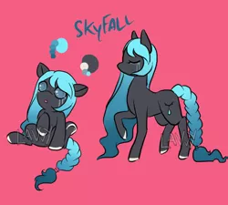 Size: 1000x900 | Tagged: safe, artist:lavvythejackalope, derpibooru import, oc, oc:skyfall, unofficial characters only, pony, :o, baby, baby pony, braided tail, colored hooves, duo, eyes closed, open mouth, raised hoof, reference sheet, simple background, sitting, text, underhoof