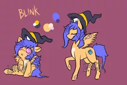 Size: 1200x800 | Tagged: safe, artist:lavvythejackalope, derpibooru import, oc, oc:blink, unofficial characters only, pegasus, pony, :o, baby, baby pony, cup, duo, eyes closed, hat, open mouth, pegasus oc, raised hoof, reference sheet, simple background, sitting, tattoo, teacup, text, underhoof, wings, witch hat