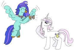 Size: 3247x2227 | Tagged: safe, artist:supahdonarudo, derpibooru import, fleur-de-lis, oc, oc:sea lilly, classical hippogriff, hippogriff, unicorn, camera, flying, jewelry, necklace, one eye closed, posing for photo, raised hoof, simple background, taking a photo, transparent background