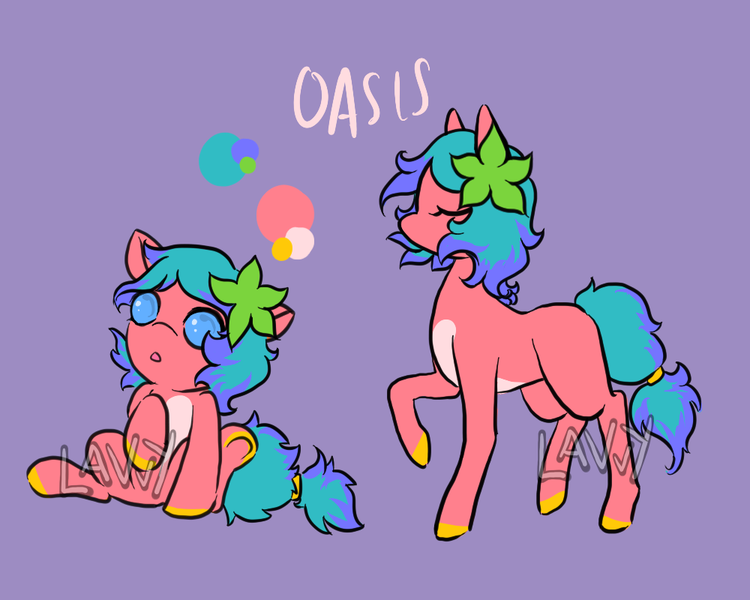 Size: 1000x800 | Tagged: safe, artist:lavvythejackalope, derpibooru import, oc, oc:oasis (yuki katseratsu), unofficial characters only, earth pony, pony, :o, baby, baby pony, colored hooves, duo, earth pony oc, eyes closed, flowerin hair, open mouth, raised hoof, reference sheet, simple background, sitting, text, underhoof