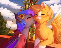 Size: 3145x2457 | Tagged: safe, artist:hakkids2, derpibooru import, oc, oc:grey, oc:pwospewity, unofficial characters only, bat pony, pegasus, pony, blushing, chest fluff, clothes, cloud, cute, ear fluff, eyes closed, flower, flower in hair, happy, hoodie, kissing, male, sky, stallion, warm
