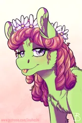 Size: 1181x1772 | Tagged: safe, artist:inuhoshi-to-darkpen, derpibooru import, tree hugger, earth pony, pony, :p, blushing, cheek fluff, chest fluff, cute, ear fluff, female, flower, flower in hair, fluffy, huggerbetes, leg fluff, lidded eyes, looking at you, mare, patreon, solo, tongue out