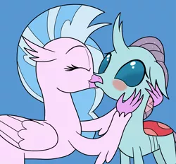 Size: 3185x2961 | Tagged: artist:eagc7, blushing, changedling, changeling, derpibooru import, female, hippogriff, kissing, lesbian, ocellus, ocellustream, safe, shipping, silverstream, simple background
