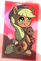 Size: 2139x3119 | Tagged: safe, artist:nookprint, derpibooru import, part of a set, applejack, earth pony, pony, blushing, cheek fluff, chest fluff, cute, ear fluff, female, heart, high res, holiday, jackabetes, mare, plushie, sitting, smiling, solo, teddy bear, valentine's day