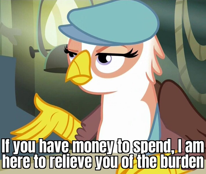 Size: 1273x1074 | Tagged: safe, derpibooru import, edit, edited screencap, screencap, gimme moore, gryphon, the lost treasure of griffonstone, caption, cash register, cropped, frown, hat, image macro, meme, moneybags, newsboy hat, sin of greed, solo, spyro a hero's tail, spyro the dragon, text, unamused