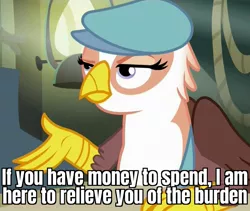 Size: 1273x1074 | Tagged: safe, derpibooru import, edit, edited screencap, screencap, gimme moore, gryphon, the lost treasure of griffonstone, caption, cash register, cropped, frown, hat, image macro, meme, moneybags, newsboy hat, sin of greed, solo, spyro a hero's tail, spyro the dragon, text, unamused