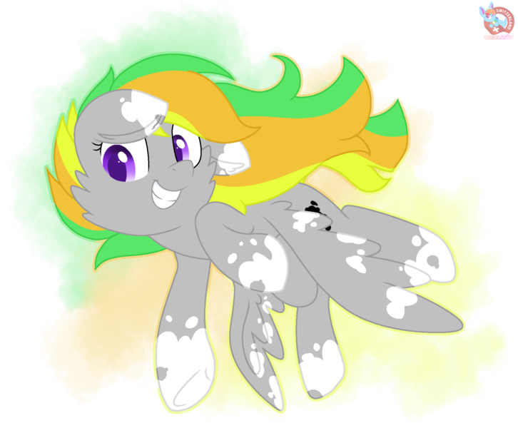 Size: 1968x1627 | Tagged: safe, artist:rainbow eevee, derpibooru import, oc, oc:odd inks, unofficial characters only, pegasus, pony, bright colours, colored skin, cute, cutie mark, female, looking at you, multicolored hair, pegasus oc, purple eyes, simple background, smiling, smiling at you, solo, spread wings, transparent background, wings