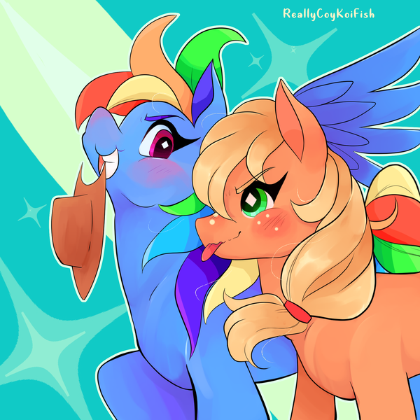 Size: 1750x1750 | Tagged: safe, artist:reallycoykoifish, derpibooru import, applejack, rainbow dash, accessory theft, appledash, applejack's hat, blushing, cowboy hat, female, hat, lesbian, mouth hold, shipping, tongue out