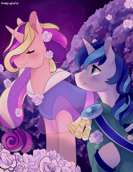 Size: 5100x6600 | Tagged: safe, artist:reallycoykoifish, derpibooru import, princess cadance, shining armor, pony, absurd resolution, blushing, clothes, crystal empire, cute, eyes closed, female, flower, male, mare, shiningcadance, shipping, stallion, straight