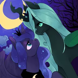 Size: 3281x3280 | Tagged: artist:reallycoykoifish, bedroom eyes, chrysaluna, cloud, crescent moon, derpibooru import, fangs, female, high res, lesbian, love, moon, night, princess luna, profile, queen chrysalis, safe, shipping, sky