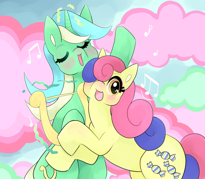 Size: 4800x4200 | Tagged: safe, artist:reallycoykoifish, derpibooru import, bon bon, lyra heartstrings, sweetie drops, earth pony, pony, unicorn, absurd resolution, blushing, female, lesbian, lyrabon, lyre, mare, musical instrument, open mouth, shipping, wrong eye color