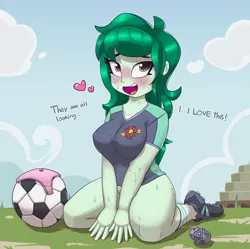 Size: 2685x2673 | Tagged: suggestive, artist:pabbley, derpibooru import, wallflower blush, equestria girls, big breasts, blushing, bottomless, breasts, busty wallflower blush, clothes, erect nipples, exhibitionism, exhibitionist wallflower, female, heart, jersey, kneeling, lidded eyes, memory stone, nipple outline, open mouth, panties, partial nudity, public nudity, shoes, smiling, socks, solo, solo female, sweat, underwear