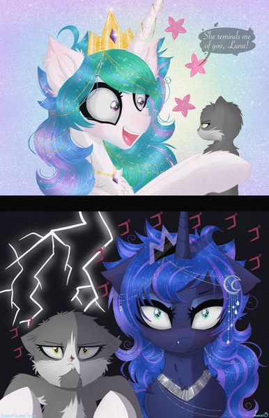 Size: 2250x3500 | Tagged: safe, artist:darkest-lunar-flower, derpibooru import, princess celestia, princess luna, alicorn, cat, pony, angry, comparison, cute, cute little fangs, dialogue, fangs, feline, female, grumpy, jojo's bizarre adventure, kitten, luna is not amused, madorable, mare, menacing, open mouth, royal sisters, siblings, sisters, unamused, ゴ ゴ ゴ