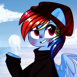 Size: 1000x1000 | Tagged: safe, artist:thieftea, derpibooru import, rainbow dash, pegasus, pony, blushing, bust, clothes, cloud, cute, dashabetes, eye clipping through hair, female, hat, mare, sky, smiling, snow, snowball, solo, sweater, toque, winter, winter outfit