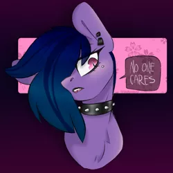 Size: 2000x2000 | Tagged: safe, artist:spoopygander, derpibooru import, oc, oc:indigo, unofficial characters only, bat pony, pony, cheek piercing, collar, ear piercing, earring, emo, fangs, jewelry, makeup, multicolored hair, piercing, punk, solo, text