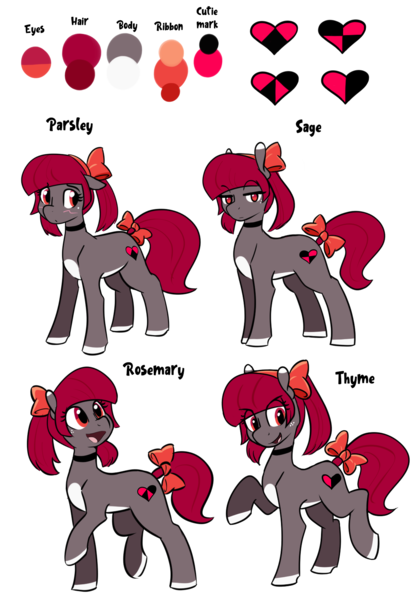 Size: 1120x1604 | Tagged: safe, artist:whatsapokemon, derpibooru import, oc, oc:parsley, oc:rosemary, oc:sage, oc:thyme, unofficial characters only, earth pony, pony, bow, choker, female, pale belly, quadruplets, reference, simple background, spice girls, transparent background