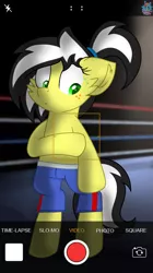 Size: 889x1585 | Tagged: safe, artist:rainbow eevee, derpibooru import, oc, oc:uppercute, unofficial characters only, earth pony, pony, bipedal, boxer, boxing ring, boxing shorts, camera, camera shy, clothes, cute, female, freckles, green eyes, iphone, iphone camera, photo, sexy, shorts, solo, sweat, tomboy