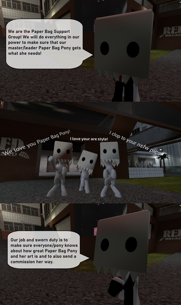 Size: 1920x3240 | Tagged: safe, artist:soad24k, derpibooru import, oc, oc:head bag, earth pony, 3d, anonymous, clothes, comic, gmod, i think that's not the paper bag pony, paper bag, paper bag support group, speech bubble, suit