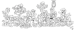 Size: 2048x843 | Tagged: safe, artist:lucas_gaxiola, derpibooru import, oc, oc:charmed clover, oc:digibrony, oc:dusty katt, oc:eilemonty, oc:feather, oc:ilovekimpossiblealot, oc:ink rose, oc:mandopony, oc:mic the microphone, oc:overhaul, oc:rachet, oc:saberspark, oc:scotty, oc:steve, oc:usagi, ponified, unofficial characters only, earth pony, pegasus, pony, unicorn, earth pony oc, eilemonty, female, flying, grin, group, horn, lineart, male, mare, monochrome, pegasus oc, progress, raised hoof, sibsy, sketch, smiling, stallion, tara strong, unicorn oc, upside down, wings, wip