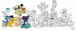 Size: 2048x862 | Tagged: safe, artist:lucas_gaxiola, derpibooru import, oc, oc:charmed clover, oc:digibrony, oc:dusty katt, oc:eilemonty, oc:feather, oc:ilovekimpossiblealot, oc:ink rose, oc:mandopony, oc:mic the microphone, oc:overhaul, oc:rachet, oc:saberspark, oc:scotty, oc:steve, oc:usagi, ponified, unofficial characters only, earth pony, pegasus, pony, unicorn, body pillow, earth pony oc, eilemonty, female, flying, grin, group, horn, lineart, male, mare, partial color, pegasus oc, progress, raised hoof, sibsy, sketch, smiling, stallion, tara strong, unicorn oc, upside down, wings, wip