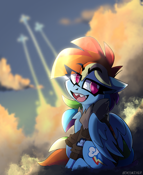 Size: 1514x1845 | Tagged: safe, artist:nekosnicker, derpibooru import, rainbow dash, pegasus, pony, bomber jacket, clothes, cloud, digital art, eye clipping through hair, female, jacket, mare, on a cloud, open mouth, sharp teeth, sitting, smiling, solo, teeth, wonderbolts