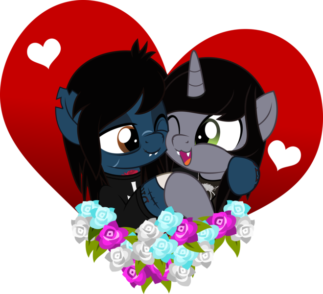 Size: 5000x4545 | Tagged: safe, artist:jhayarr23, derpibooru import, part of a set, ponified, ponified:kellin quinn, ponified:oliver sykes, earth pony, pony, undead, unicorn, zombie, zombie pony, absurd resolution, bags under eyes, bone, bring me the horizon, clothes, commission, disguise, disguised siren, fangs, gay, hair over one eye, heart, holding hooves, holiday, horn, hug, jewelry, lip piercing, male, necklace, one eye closed, open mouth, piercing, scar, shipping, shirt, show accurate, simple background, sleeping with sirens, slit eyes, stallion, stitches, t-shirt, tattoo, torn ear, transparent background, valentine's day, wink, yb, ych result