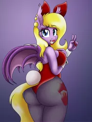 Size: 3000x4000 | Tagged: suggestive, artist:pananovich, derpibooru import, oc, oc:flourish glade, unofficial characters only, anthro, bat pony, ass, bat pony oc, bat wings, bedroom eyes, big breasts, breasts, bunny ears, bunny suit, butt, clothes, ear piercing, earring, fangs, female, gradient background, jewelry, leotard, lipstick, looking at you, looking back, mare, pantyhose, peace sign, piercing, raised eyebrow, sideboob, smiling, solo, solo female, wings