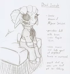 Size: 771x811 | Tagged: artist:ravenpuff, clothes, derpibooru import, doll, doll pony, oc, original species, reference sheet, safe, sitting, skull, smiling, solo, text, toy, traditional art, unofficial characters only