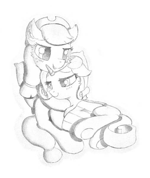 Size: 2136x2530 | Tagged: safe, artist:fireworks sea, derpibooru import, applejack, rarity, earth pony, pony, unicorn, female, heart eyes, lesbian, monochrome, rarijack, shipping, traditional art, wingding eyes