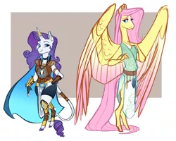 Size: 4500x3600 | Tagged: safe, artist:earthsong9405, deleted from derpibooru, derpibooru import, fluttershy, rarity, anthro, pegasus, unguligrade anthro, unicorn, dragon au, fanfic:azure edge, armor, cape, clothes, cloven hooves, colored hooves, colored wings, colored wingtips, duo, female, greaves, hand on hip, horn, horn ring, jewelry, large wings, leather armor, leonine tail, long neck, mare, necc, necklace, ring, simple background, tallershy, tooth necklace, wings