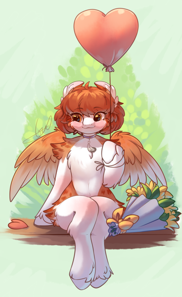 Size: 1600x2610 | Tagged: safe, artist:peachmayflower, derpibooru import, oc, oc:eva, unofficial characters only, pegasus, pony, semi-anthro, balloon, blushing, bouquet, cheek fluff, ear fluff, female, flower, heart balloon, mare, pale belly, shoulder fluff, sitting, solo, unshorn fetlocks